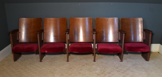 Antique Wooden Theater Seats (5), Burgundy Velvet Cushioned Seats