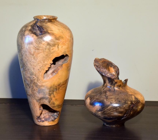 Pair of Hawaiian Koa Wood Carved Vases