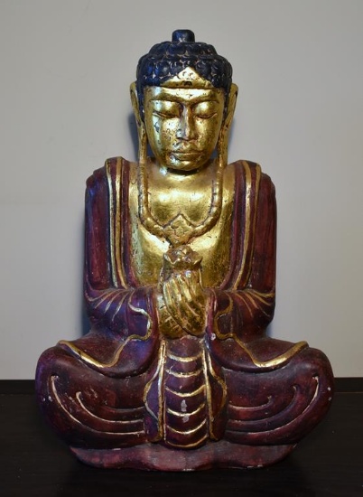 Indonesian Carved Wood Buddha, Painted Red, Gold & Black