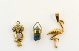 Lot of Three 14K Yellow Gold Charms: Flamingo, Owl, Stone