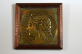 Round Woman's Bachhanaal Head Relief Stamped Brass Wall Plaque, Wooden Frame