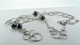 Sterling Silver & Faux Black Pearl Ring Necklace, 38”