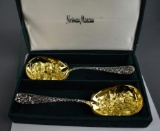 Pair of Neiman Marcus Godinger Silver Plate Gilt Lined Bowl Repousse Berry Spoons