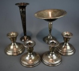 Weighted Sterling Silver Lot, Compote, Vase, Two Pairs Candleholders