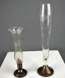 Two Weighted Sterling Silver Base Engraved Crystal Bud Vases