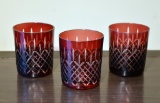 3 Ruby Red Cased Cut Glass Tumblers