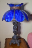 Decorative Metal Lamp With Blue Glass Shade