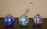 Lot of 3 Handblown Slag Glass Balls & Hanging Glass Teardrop