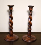 Pair of Old Barley Twist Carved Wooden Candlesticks