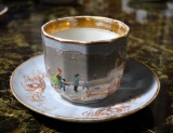 Pretty Antique Hand-painted Teacup and Saucer, Winter Scene