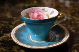 Aynsley Bone China Teacup and Saucer; Blue, Gilt, and Pink Rose