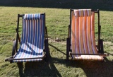 Pair of Wood Framed Beach Chairs With Striped Fabric Seats