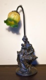 Bronze Figural Base Lamp with Floral Glass Shade