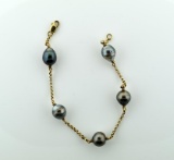 10K Yellow Gold and Tahitian Black Pearl Bracelet, 8”