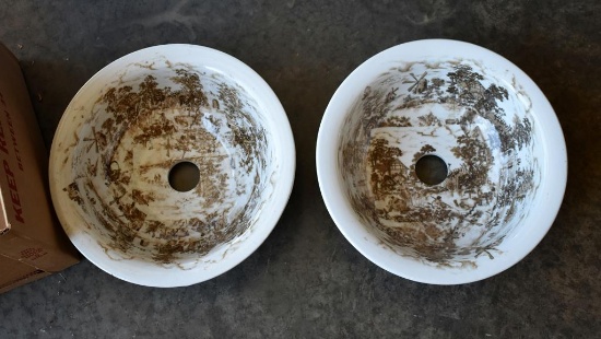 2 Porcelain Sink Bowls w/ Brown Design