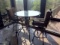 Wrought Metal Glass Top Bar Height Round Dining Table w/ 2 Metal Swivel Chairs, Sunbrella Upholstey