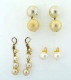 Three Pairs of Pearl Costume Jewelry Earrings