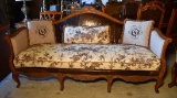 Handsome Carved Walnut & Leather Sofa with Three Pillows (Lots 3-5 Have Matching Plaid Upholstery)