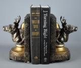 Pair of Bronzed Finish Stag Bookends & Two Books:  “The Unseen War in Europe” and “Turning Right”