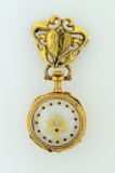 Exquisite Antique 18K Yellow Gold Guilloche Enameled w/ Rubies Swiss Pendant Watch