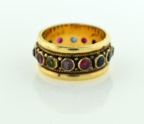 Fine Vintage 14K Yellow Gold Ring with Rubies, Sapphire, Emeralds, Peridot, Topaz, Citrine, Size 7