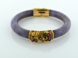 Gorgeous Vintage Purple Jade, 14K Yellow Gold, Ruby, Sapphire, Emerald & Pearl Clasp Bangle Bracelet