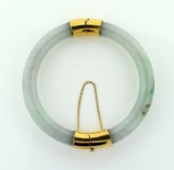 Fine Vintage Light Green Jade & 14K Yellow Gold Clasp Bangle Bracelet
