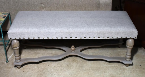 Stylish Contemporary Neutral Upholstered Bench with X-Stretcher Wooden Base, Nailhead Trim