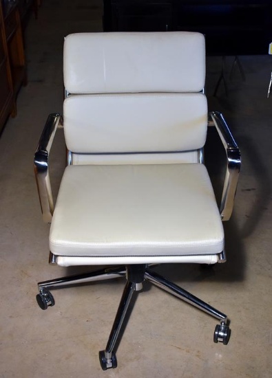 Modern Chrome & Ivory Bonded Leather Rolling Office Desk Chair