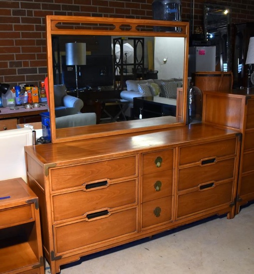 Vintage Drexel “Compass” Mid-Century Modern Dresser with Nine Drawers, Mirror, Lots 31-34 match