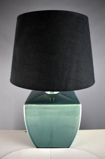 Contemporary Squat Blue-Green Ceramic Table Lamp, Black Shade