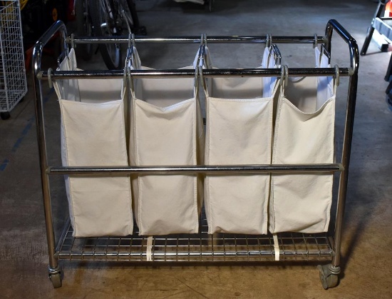Contemporary Chrome Finish Laundry Bin Rolling Storage Rack w/ 4 Hanging White Canvas Bags