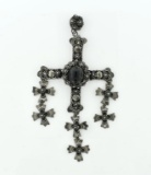 Vintage Large Mexican Sterling Silver Cross Pendant with Black Onyx Cabochon