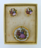 Vintage Set of Handpainted Limoges Ceramic Screwback Earrings and Pin