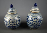 Pair of Antique Asian Blue & White Ceramic Lidded Urns