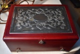 Lined Wooden Jewelry Box with Decorative Metal Top