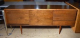 Vintage Mid-Century Modern Console Cabinet, Sliding Doors, Interior Shelves & Drawer