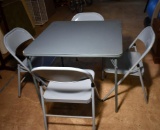 Blue Folding Card Game Table with 4 Blue Metal Folding Chairs