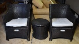 Set of Threshold Dark Wicker Furniture, Two Chairs w/ Disappearing Ottomans, Storage Table / Stool