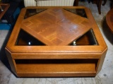 Vintage Oak Coffee Table with 4 Smoky Glass Triangle Inserts at Top, Shelf Underneath