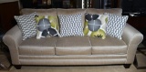 Plush Contemporary Neutral Upholstered Sofa w/ Throw Pillows, Lots 7 & 8 Match