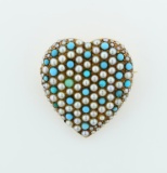 Lovely Vintage 14K Yellow Gold, Turquoise & Seed Pearl Heart Pin