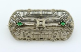 Antique Art Deco 10K White Gold Filigree, Diamond & Emerald Pin