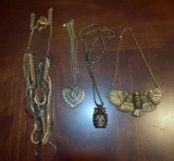 Lot of 4 Costume Jewelry Necklaces: Eagle, Owl, Heart, and Chains Motifs