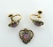 Cute Heart Pendant & Screw Back Earring Pair w/ Faux Opal, Rhinestones & 10K Gold Filled Settings