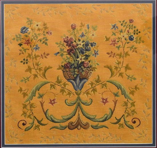 Framed Flemish Embroidery Textile Art, Floral Bouquet