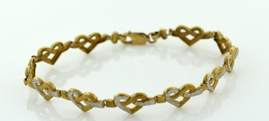 10K Yellow Gold Chased Heart Bracelet with White Gold Faceted Top Sections