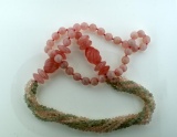 Elegant Carved Pink & Green Jade Necklace, 30” L