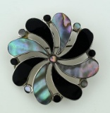 Mexican Taxco Sterling Silver, Black Onyx and Abalone 2-Inch Pin