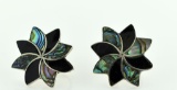 Pair of Mexican Taxco Sterling Silver, Black Onyx and Abalone 1-Inch Screwback Earrings
